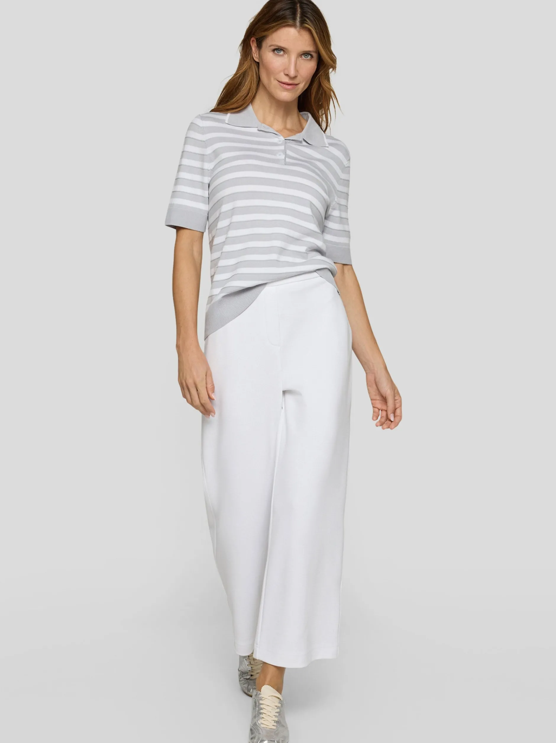 RABE Damen Strick-Poloshirt in hellgrau weiß