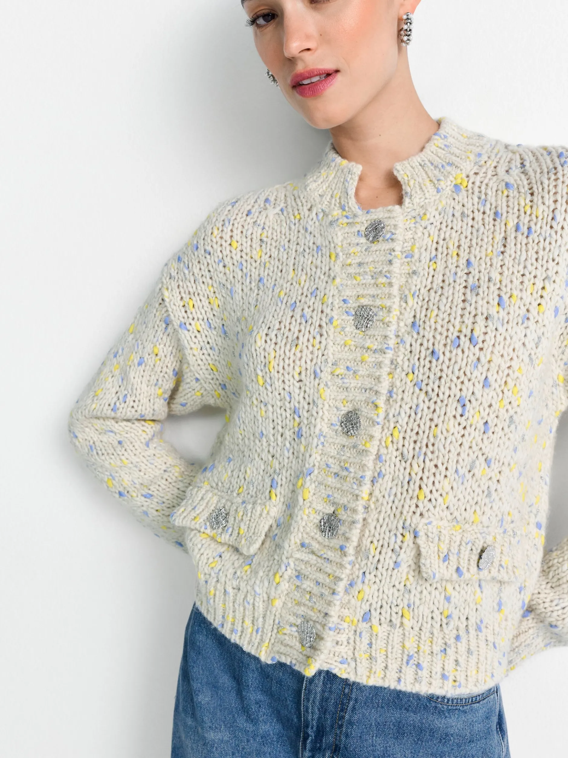 Rich & Royal Damen Strickjacke mit Schurwoll-Anteil in beige mehrfarbig