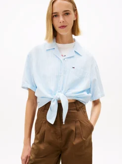 Tommy Jeans Damen Wickelbluse mit Leinenanteil in hellblau weiß
