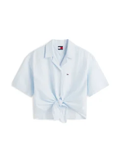 Tommy Jeans Damen Wickelbluse mit Leinenanteil in hellblau weiß