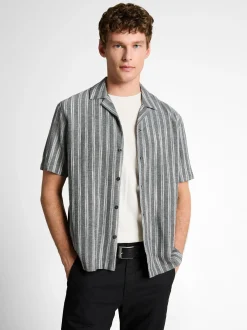 Tom Tailor Denim Herren Kurzarmhemd mit Leinen in schwarz ecru