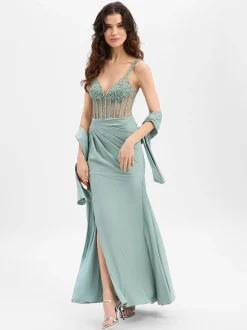 Unique Damen Abendkleid mit Stola in mint - Länge: lang