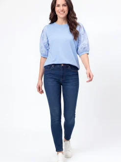 Usha Damen Bluse in blau - Ausschnitt: Rundhals