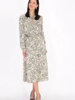 Usha Damen Kleid in beige schwarz - Länge: mittel