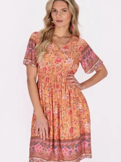 Usha Damen Kleid in orange - Länge: mittel