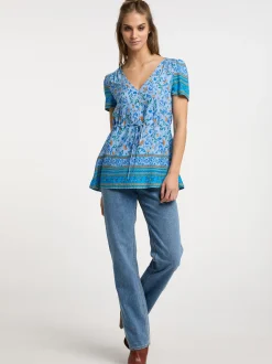 Usha Damen kurzarmbluse in hellblau