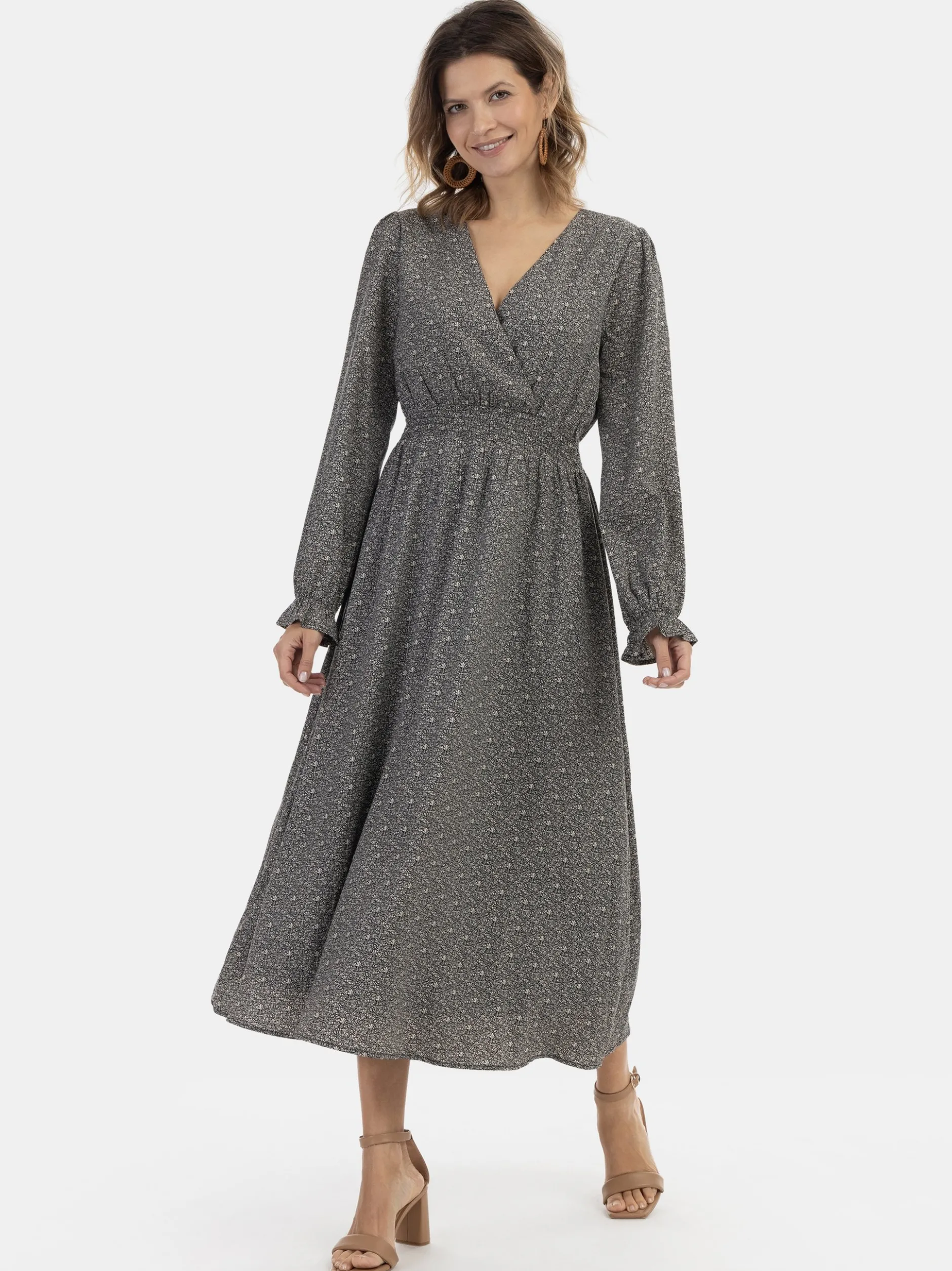 Usha Damen Maxikleid mit Allover-Print in schwarz