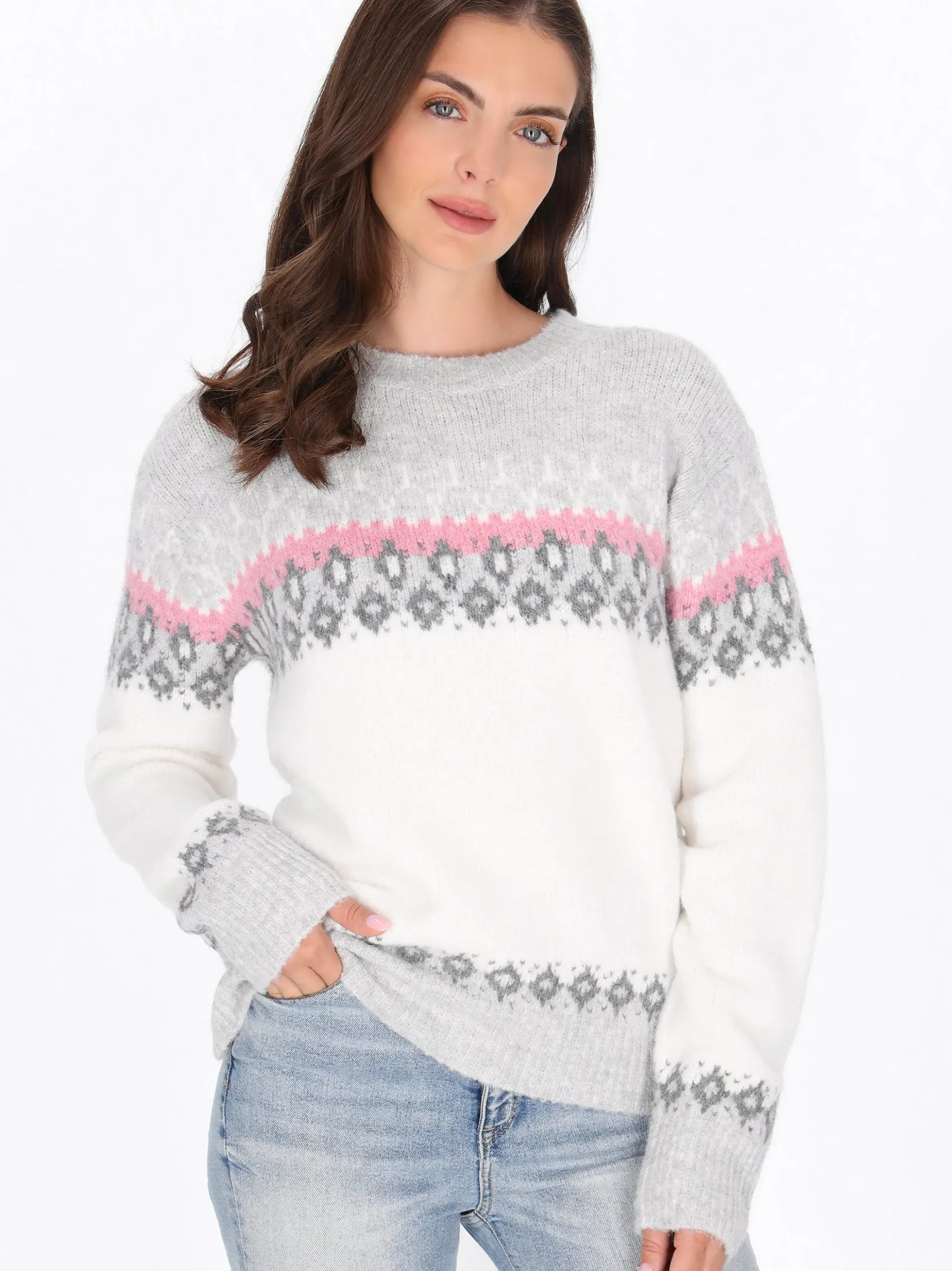Usha Damen Pullover in weiß - Ausschnitt: Rundhals