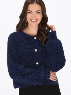 Usha Damen Strickjacke in marine - Ausschnitt: Rundhals