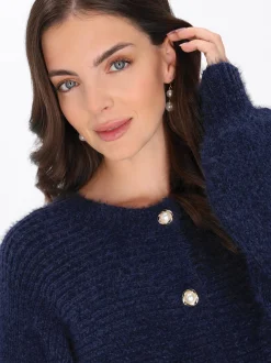 Usha Damen Strickjacke in marine - Ausschnitt: Rundhals