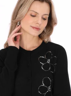 Usha Damen Strickjacke in schwarz - Ausschnitt: Rundhals