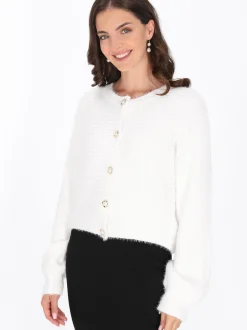 Usha Damen Strickjacke in weiß - Ausschnitt: Rundhals