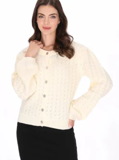 Usha Damen Strickjacke in weiß - Ausschnitt: Rundhals
