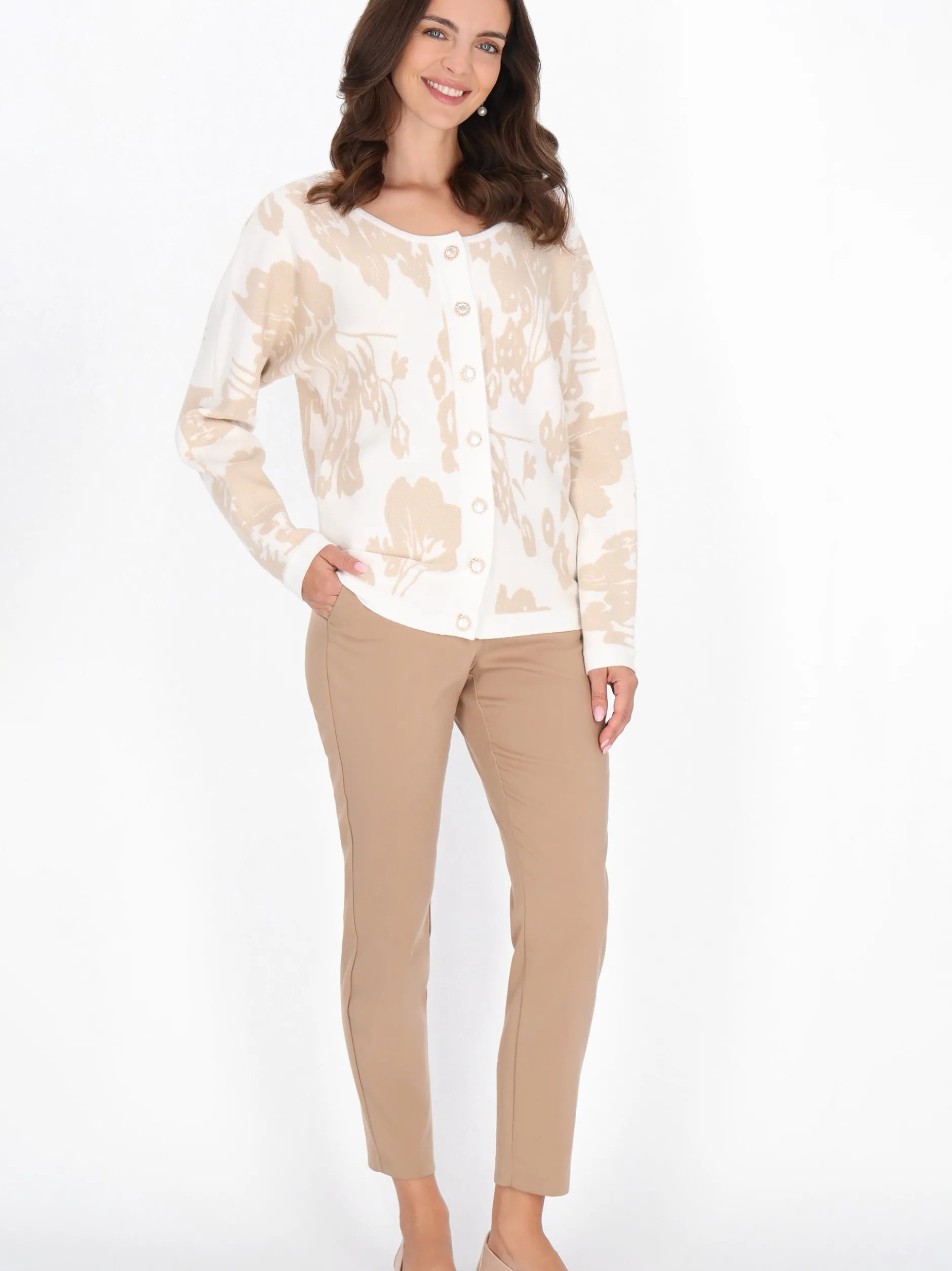 Usha Damen Strickjacke in weiß - Ausschnitt: Rundhals