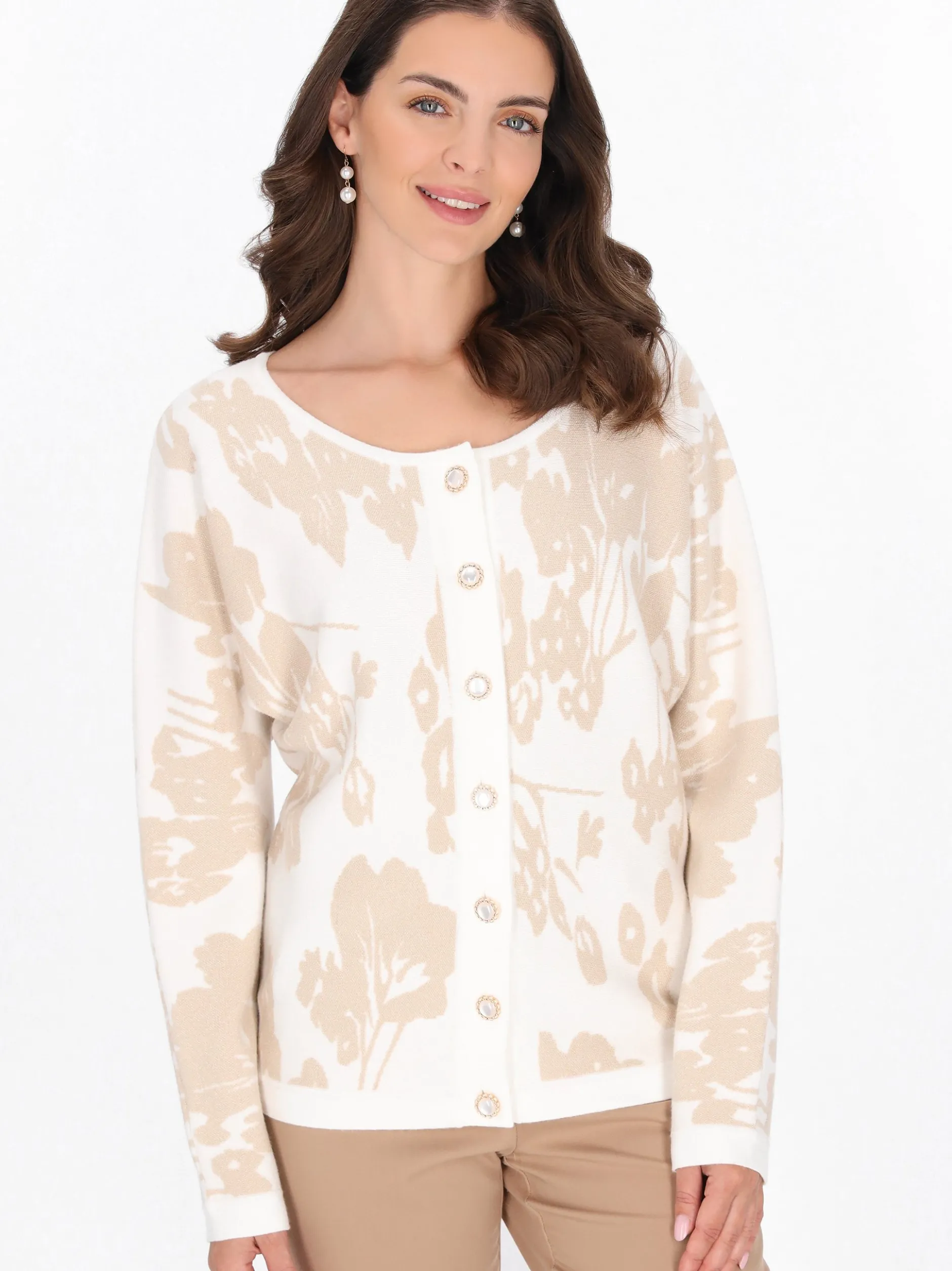 Usha Damen Strickjacke in weiß - Ausschnitt: Rundhals
