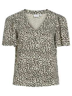 Vila Damen Kurzarmbluse - VIGrace in beige schwarz
